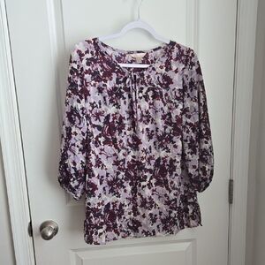 White Stag Purple and White Ruffled Blouse with 3/4 Sleeves